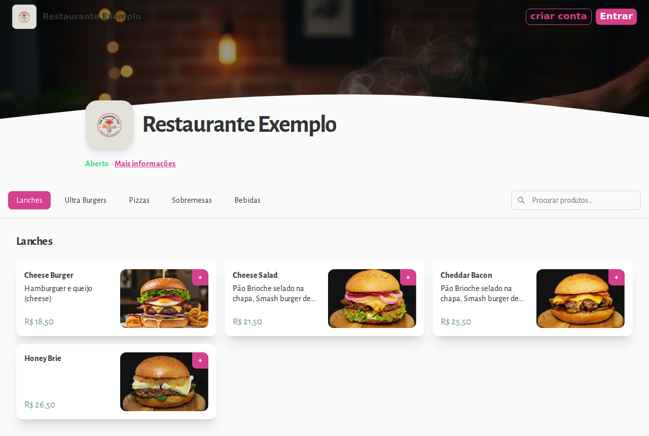 Cardápio digital de exemplo aberto no navegador, com banner do restaurante, categorias e fotos dos pratos com preços